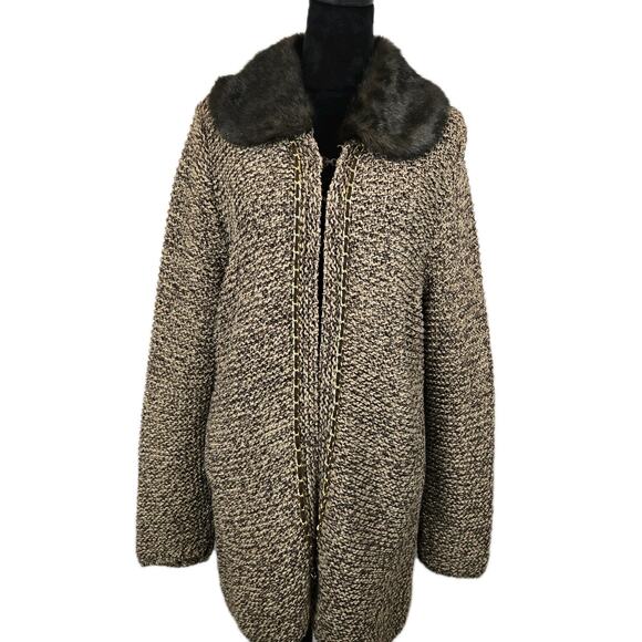 Dana Buchman Brown Chunky Knit Faux Fur Detach Collar Cardigan Gold XL NWT Lagen - Picture 2 of 10